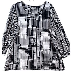 JM Collection Woman Black White Geometric Office 3/4 Sleeve Top Plus 1X‎ Tunic
